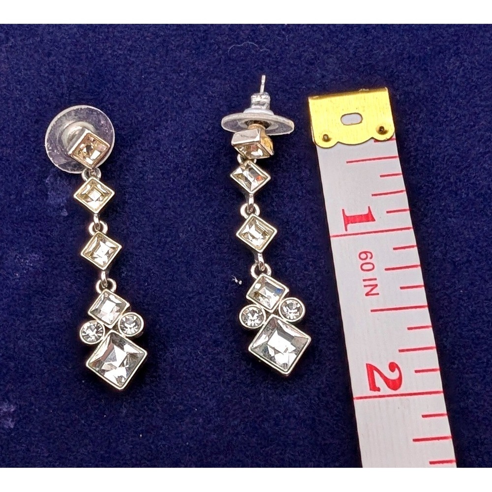 Silver Tone Clear Crystal Geometric Square Drop Dangle Post Earrings 2 Inch